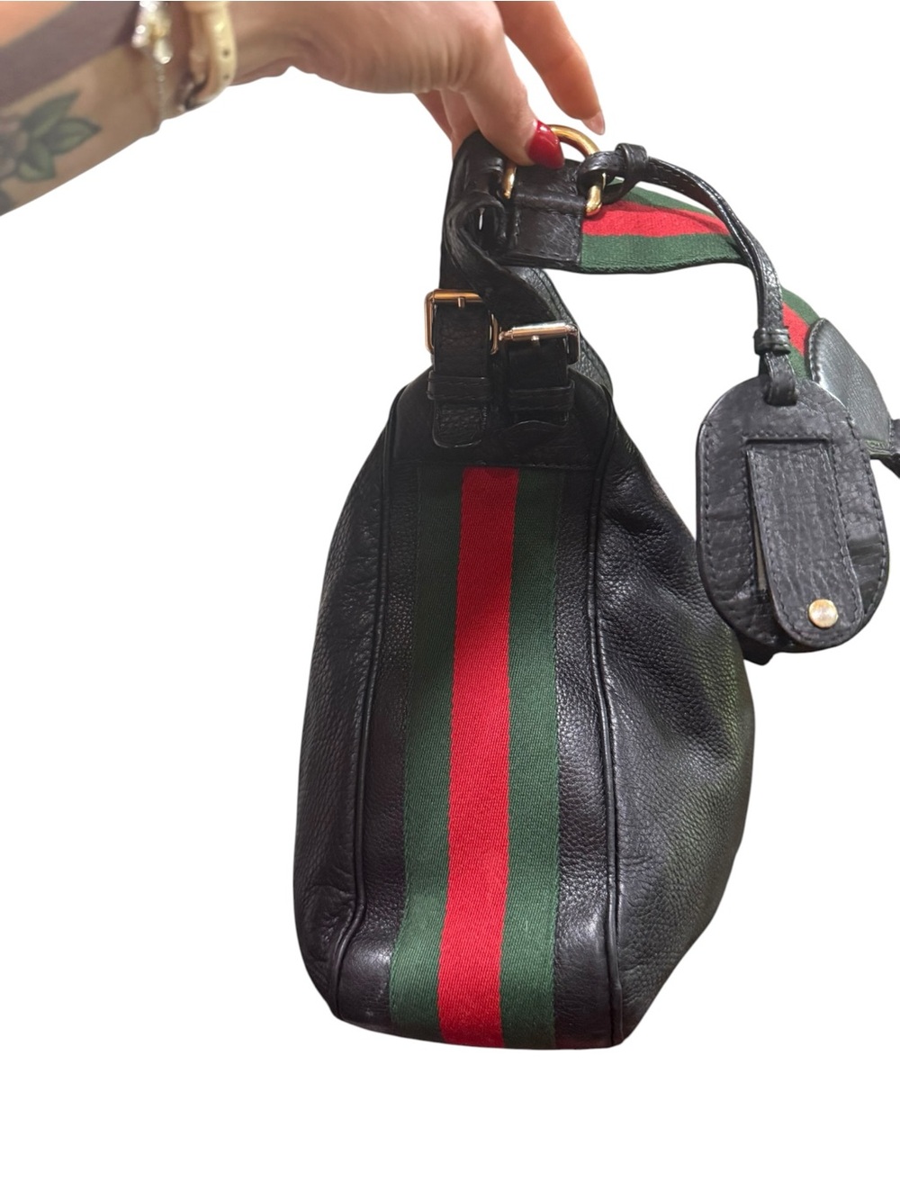 Vintage Gucci Black Pebbled Leather Web Stripe Hobo Shoulder Bag Italy Auth - Picture 3 of 17